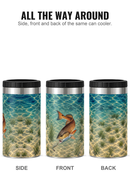Red Drum Drift can cooler - side, front and back