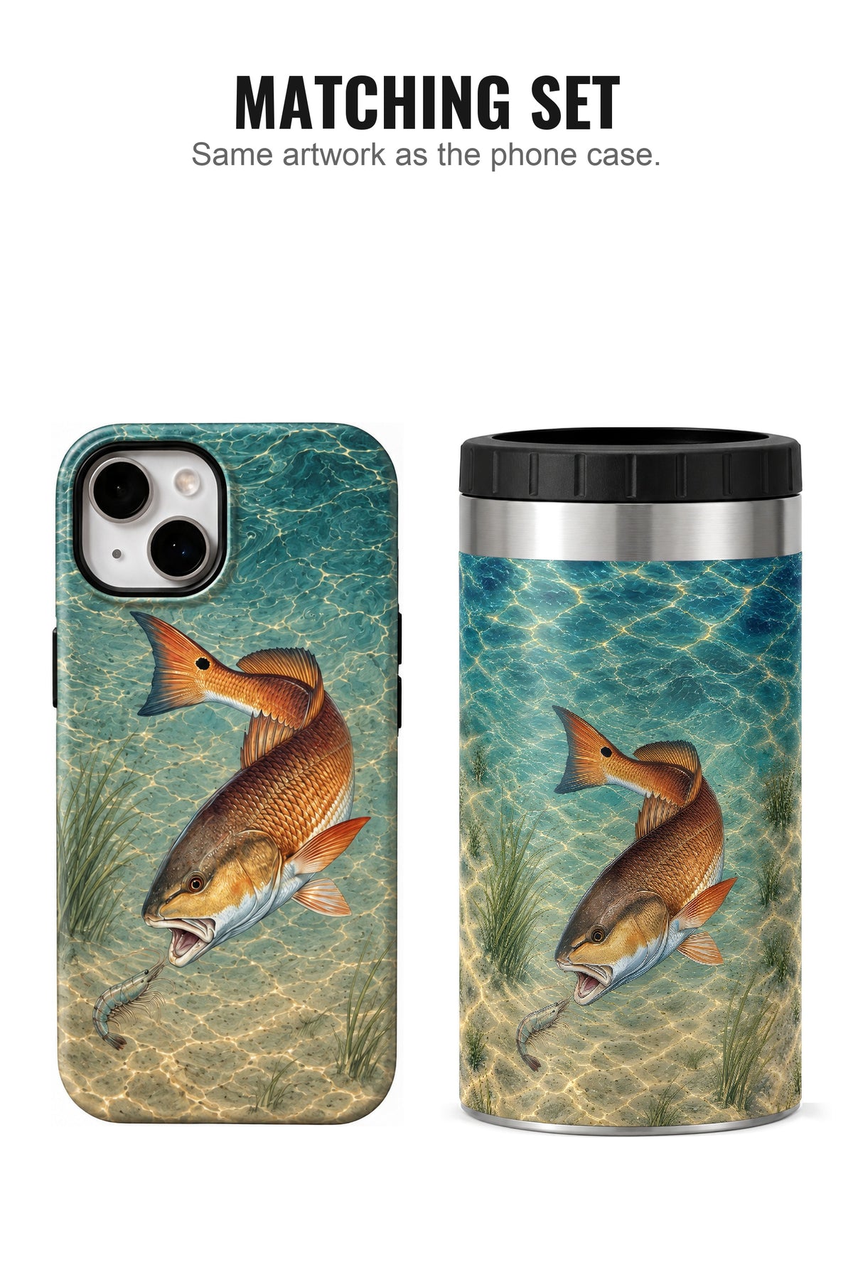 Red Drum Drift can cooler with matching phone case