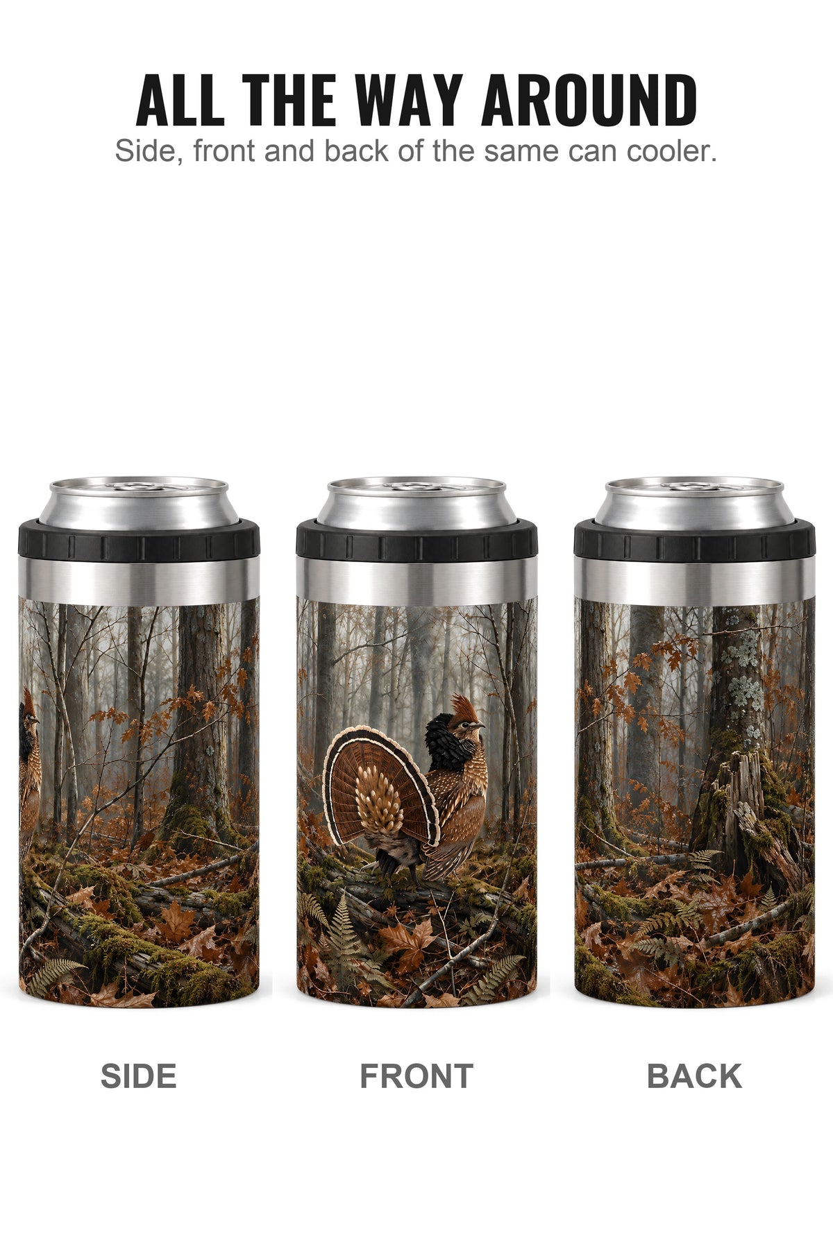 Ruffed Grouse Drummer can cooler - side, front and back