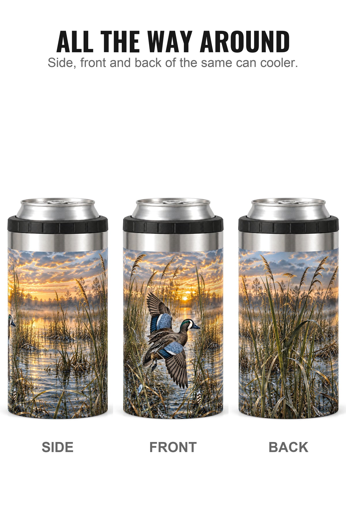 Blue Winged Teal Early Marsh Flash can cooler - side, front and back