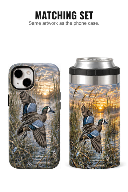 Blue Winged Teal Early Marsh Flash can cooler with matching phone case