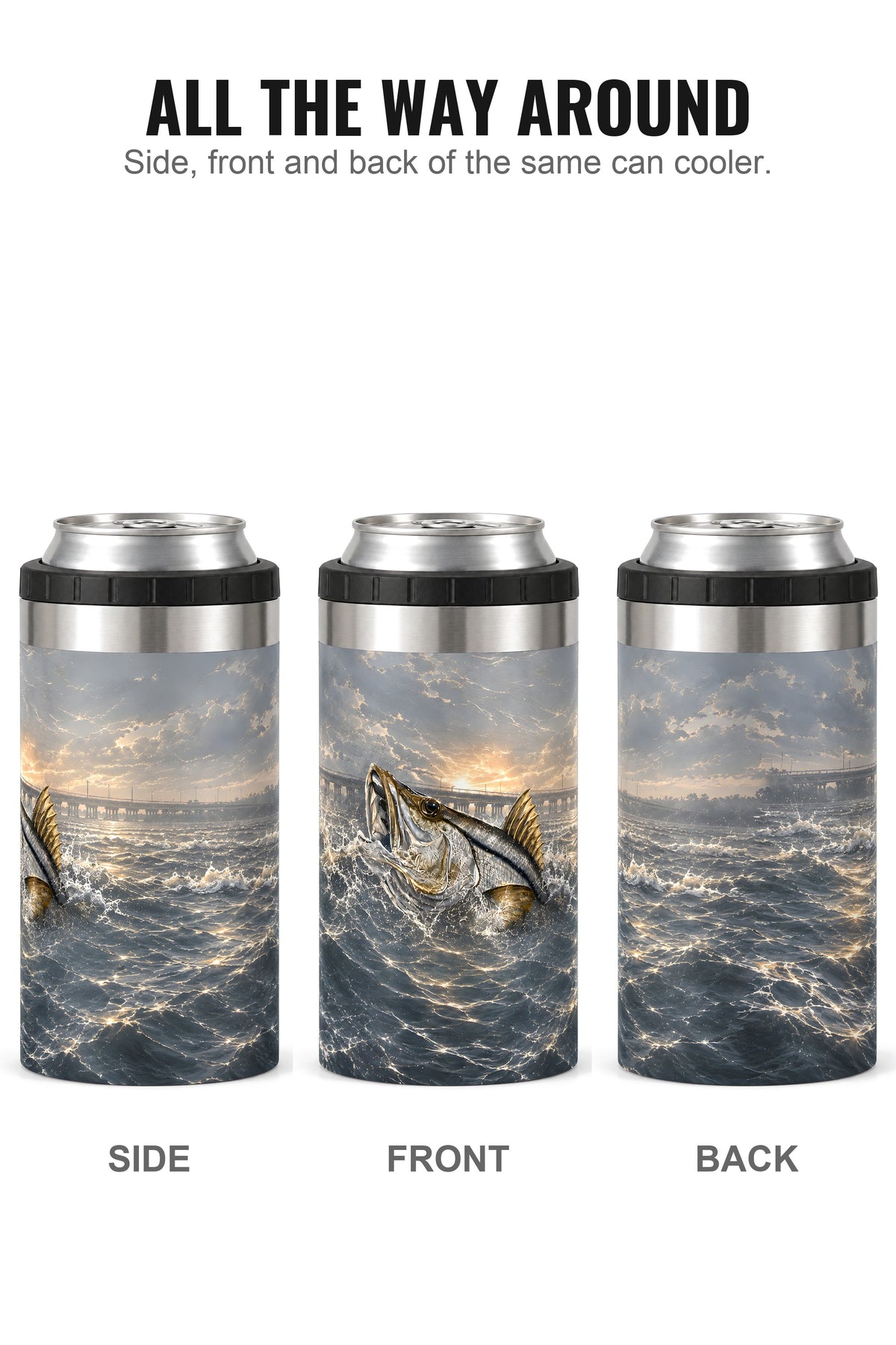 Bridge Strike Snook can cooler - side, front and back
