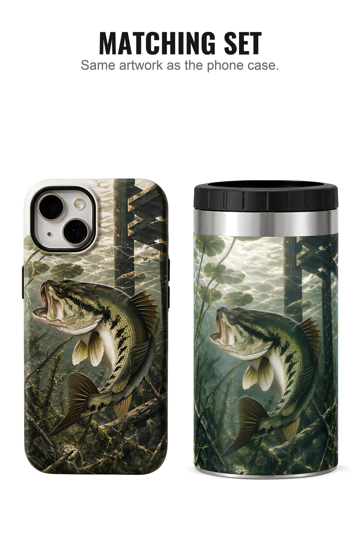 Largemouth Dockside Ambush can cooler with matching phone case