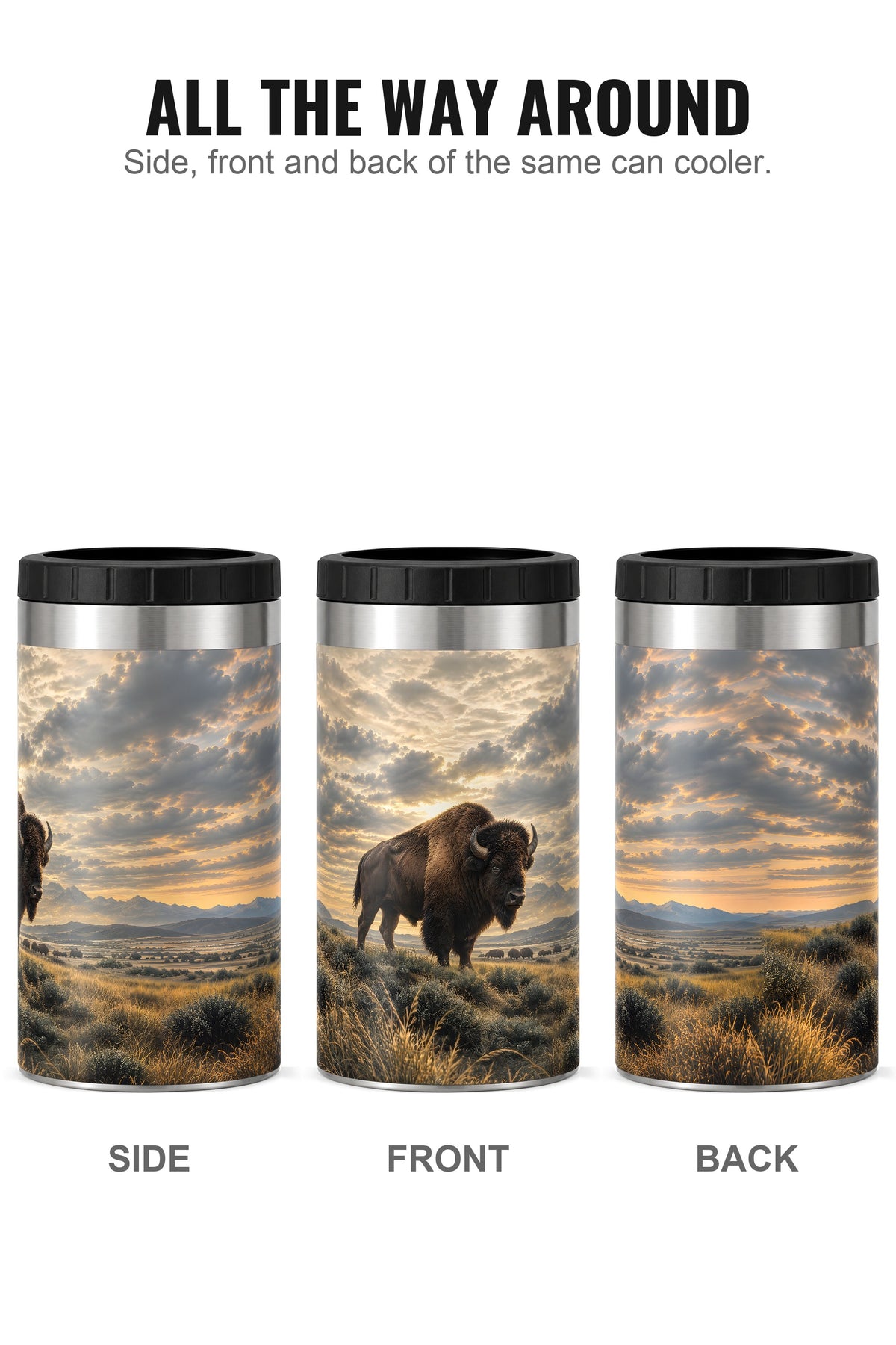 Golden Prairie Bison can cooler - side, front and back