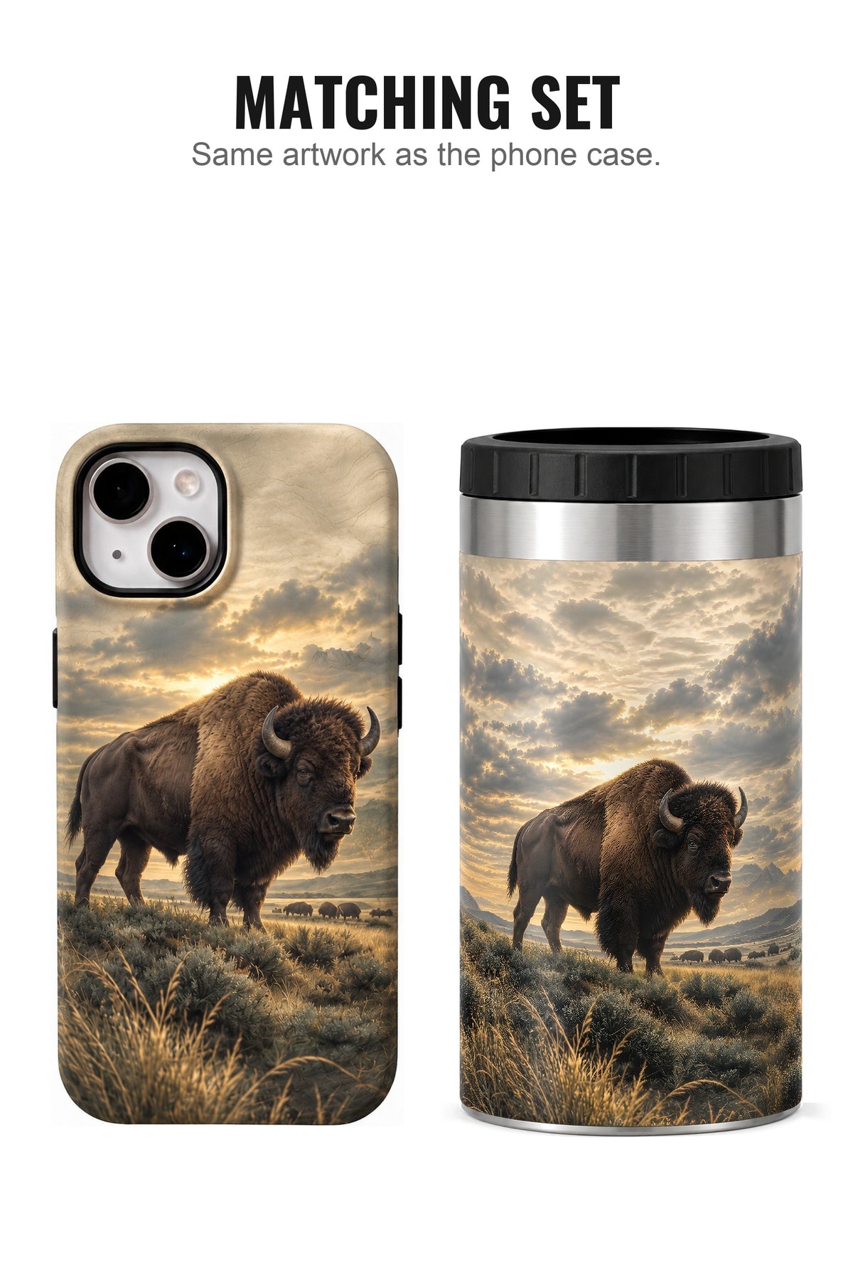 Golden Prairie Bison can cooler with matching phone case