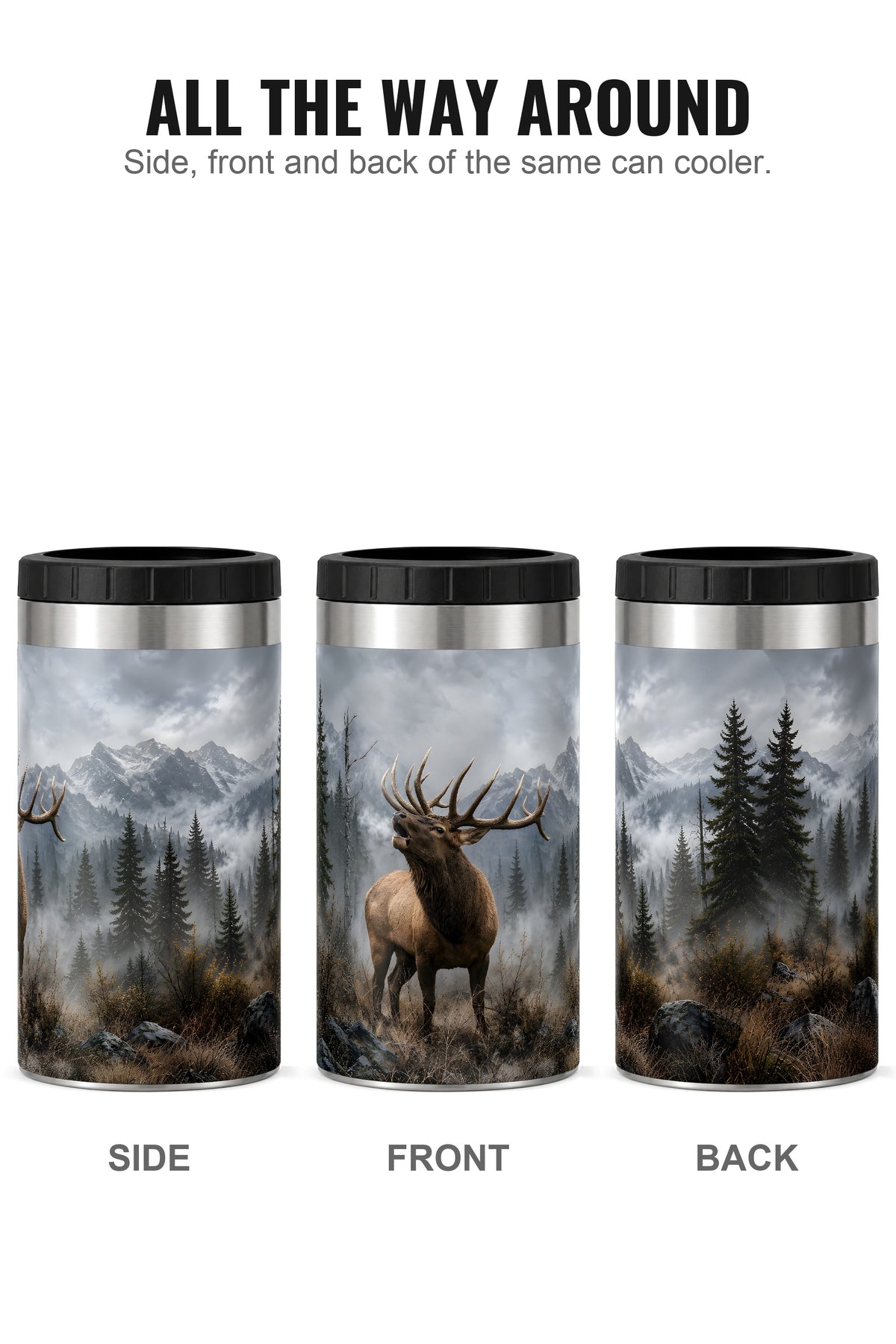 Majestic Elk Mountain Bugle can cooler - side, front and back
