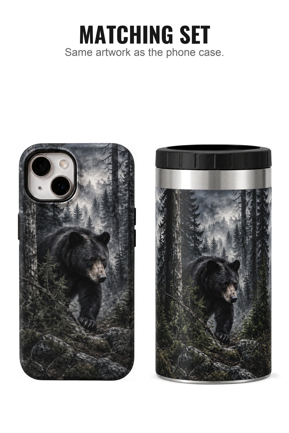 Dark Timber Black Bear Stalker can cooler with matching phone case
