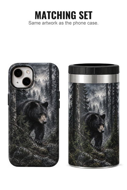 Dark Timber Black Bear Stalker can cooler with matching phone case