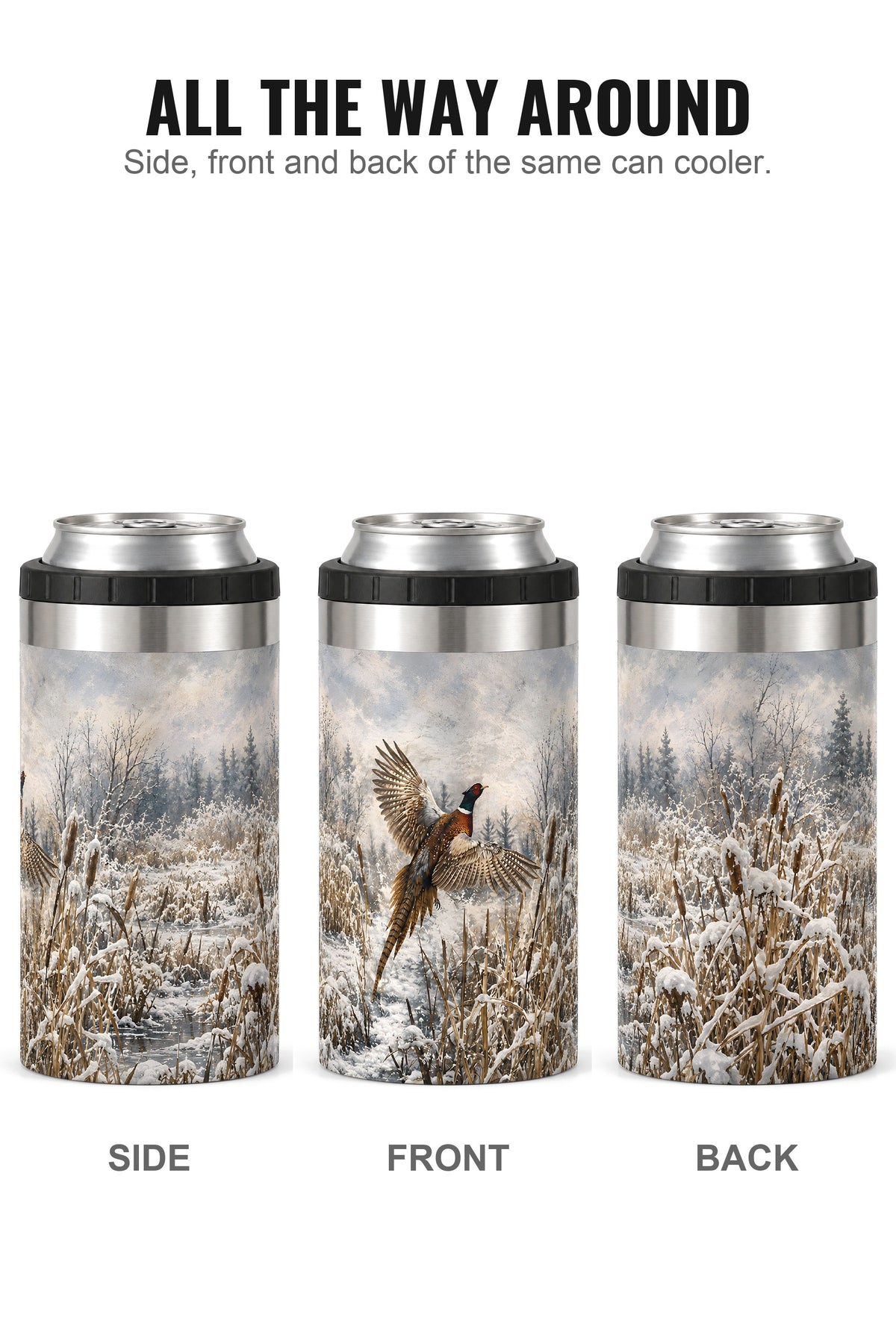 Snowy Marsh Pheasant Flight can cooler - side, front and back