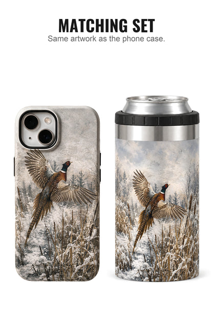 Snowy Marsh Pheasant Flight can cooler with matching phone case