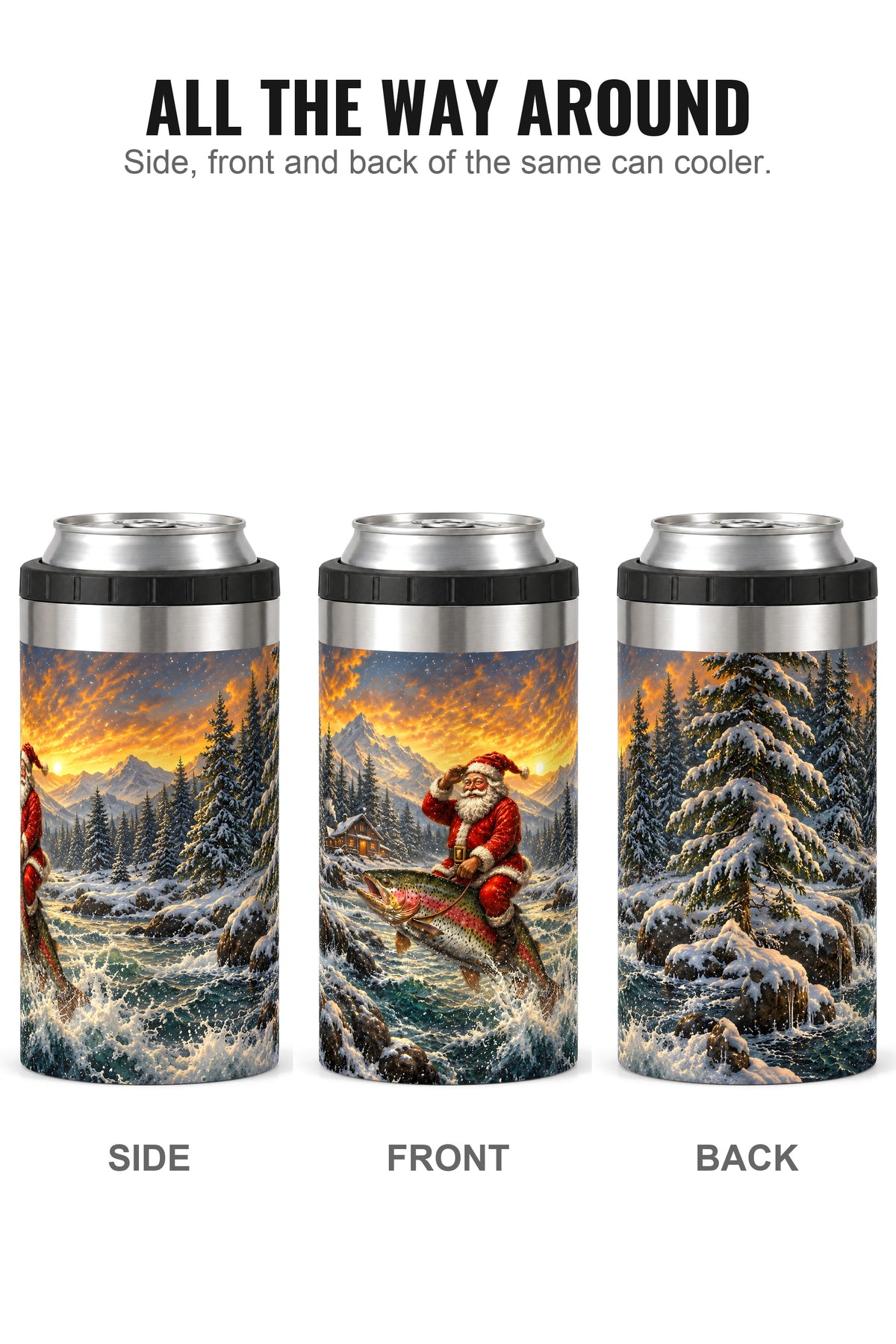 Christmas Trout Yuletide can cooler - side, front and back