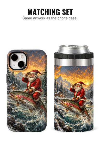 Christmas Trout Yuletide can cooler with matching phone case