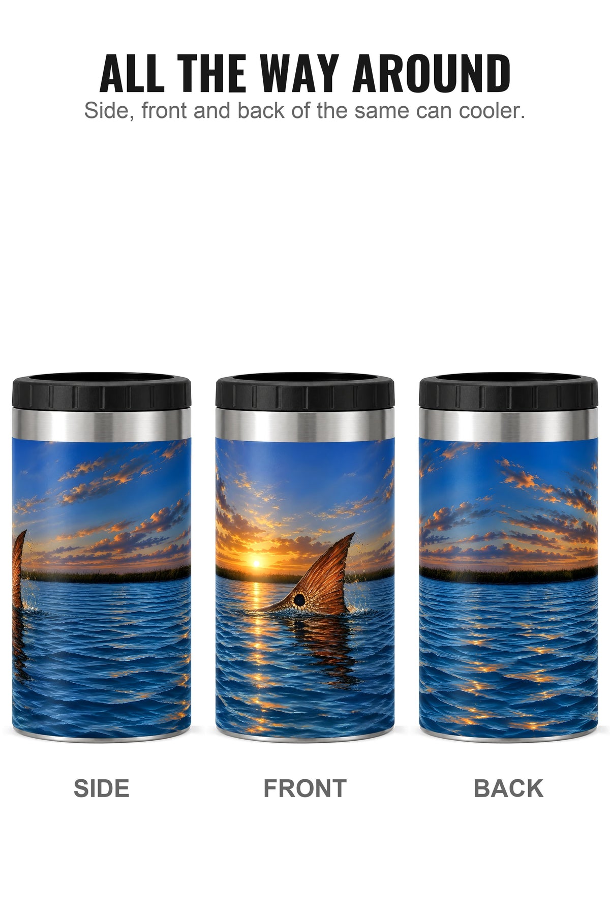 Sunset Redfish Tailing can cooler - side, front and back