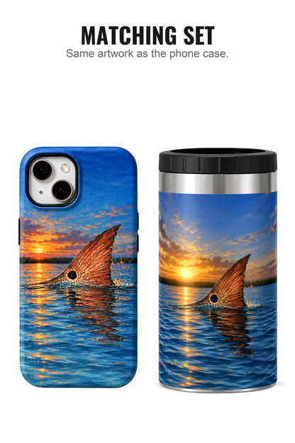 Sunset Redfish Tailing can cooler with matching phone case