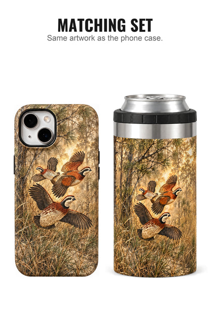 Timber Pine Quail Covey can cooler with matching phone case