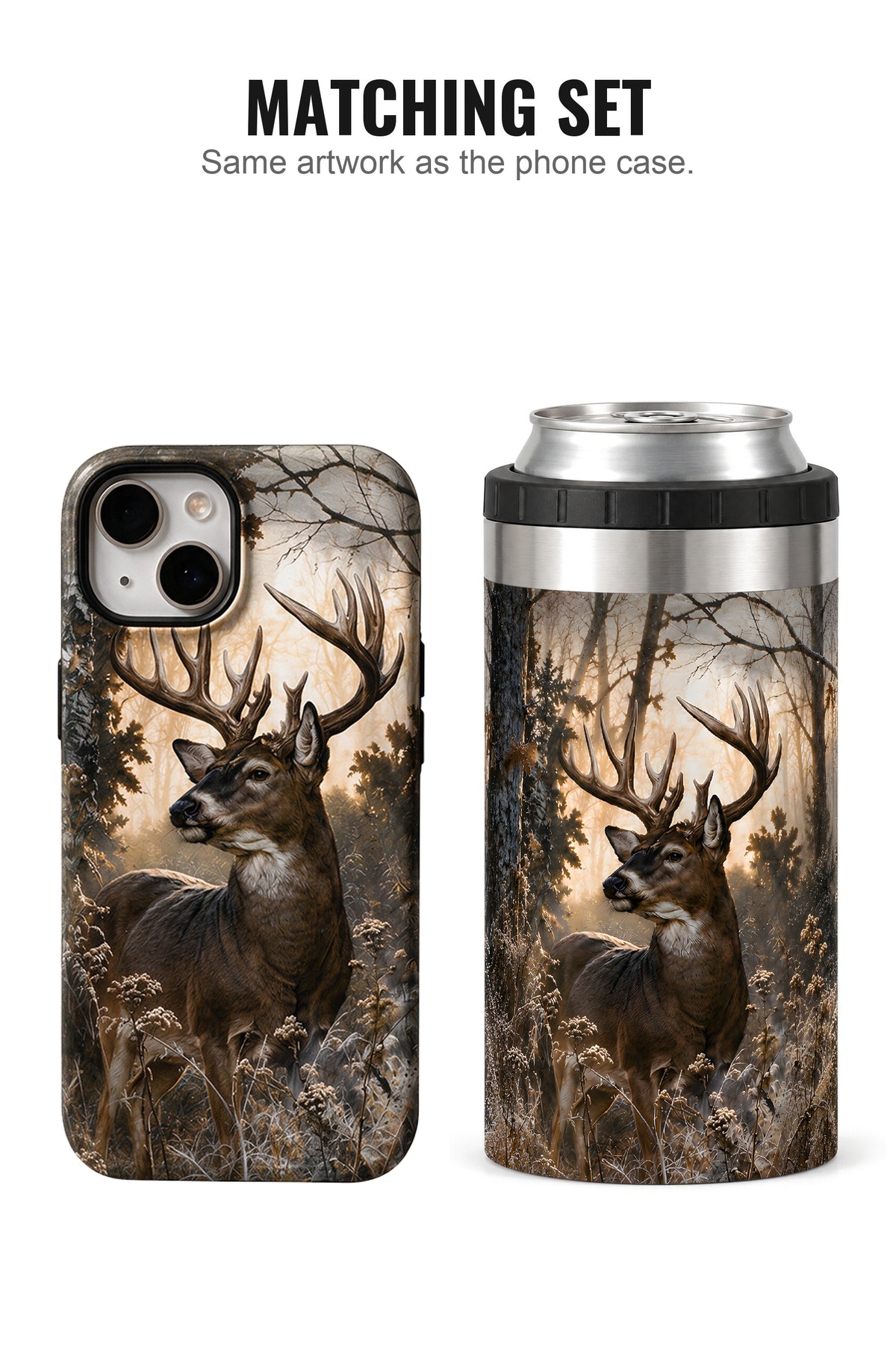 Frost Timber Whitetail Sentinel can cooler with matching phone case