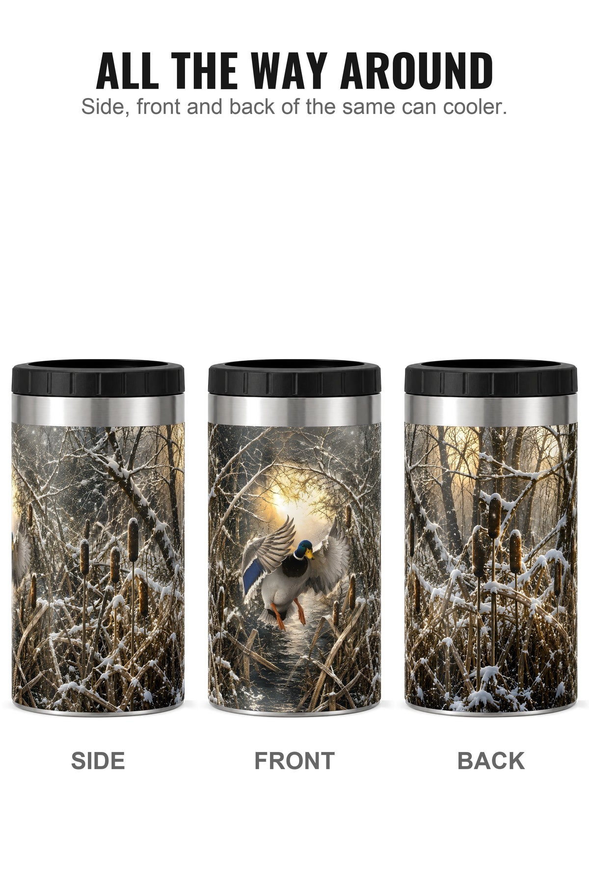Timber Marsh Mallard Touchdown can cooler - side, front and back
