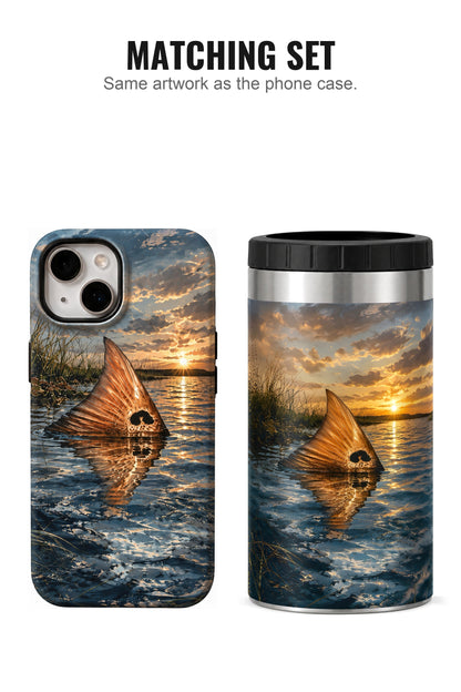 Twilight Marsh Tailing Redfish can cooler with matching phone case