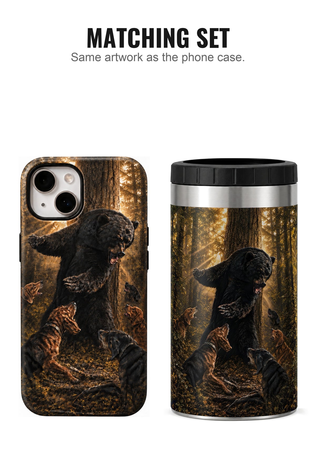 Deep Timber Bear Stand can cooler with matching phone case