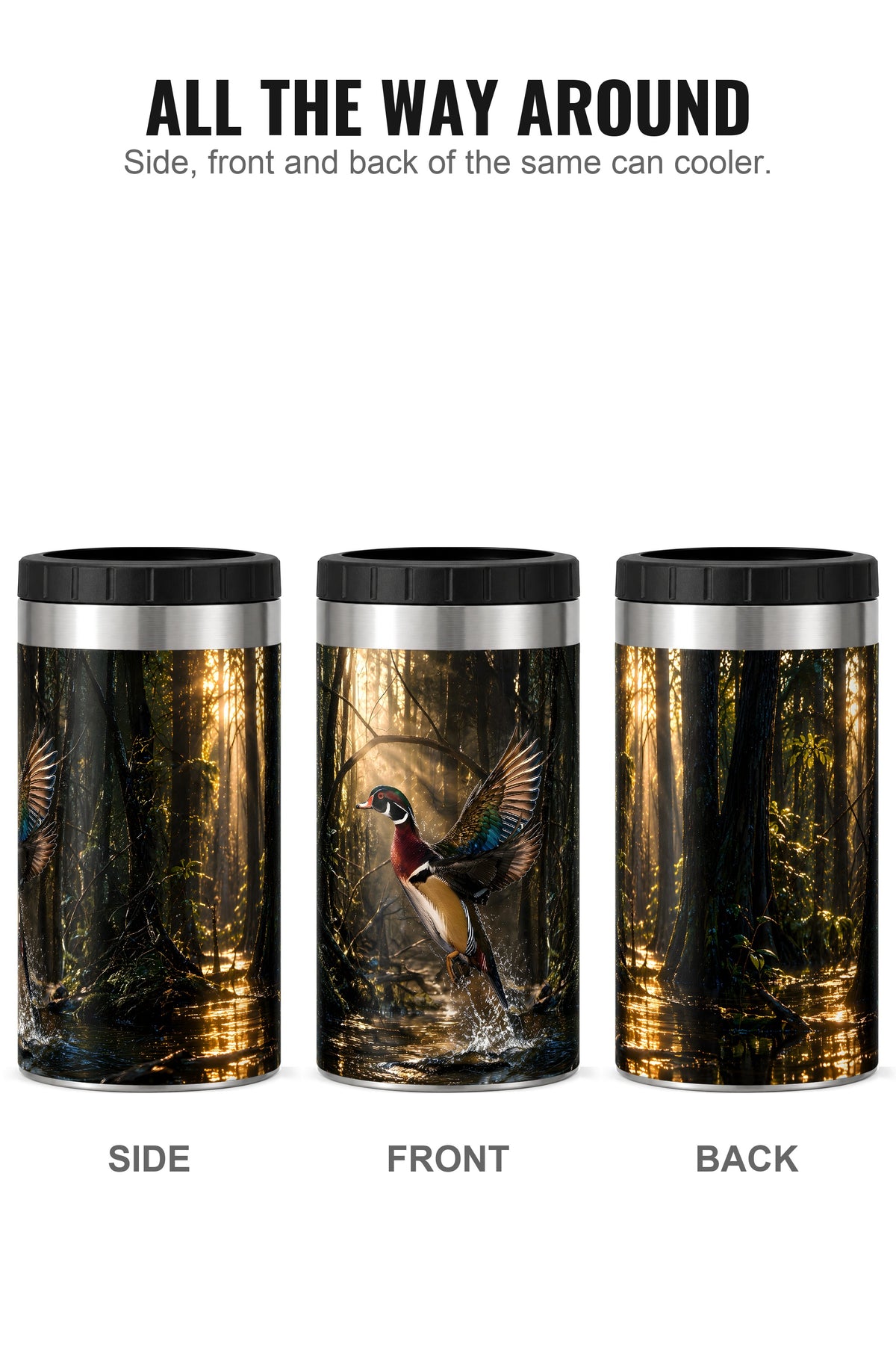 Golden Timber Wood Duck Takeoff can cooler - side, front and back