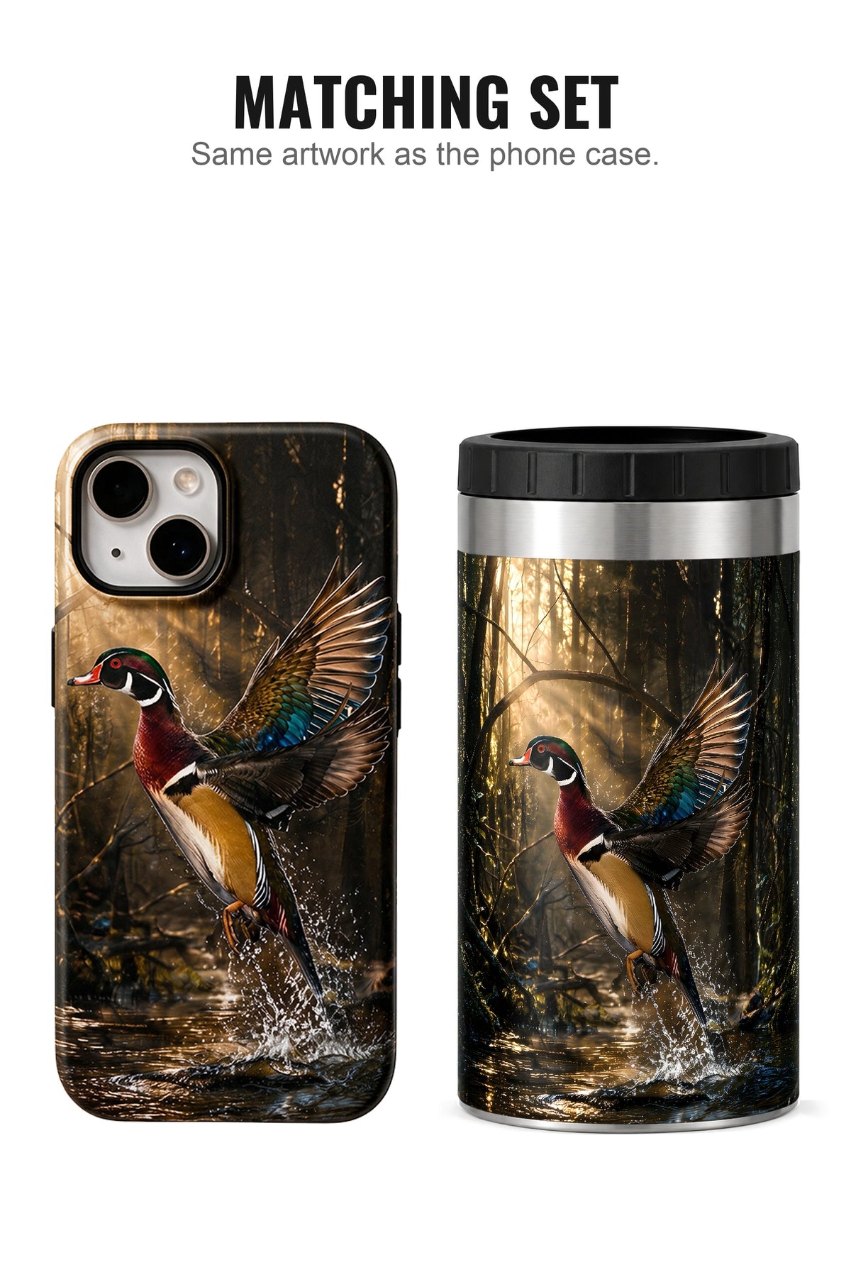 Golden Timber Wood Duck Takeoff can cooler with matching phone case