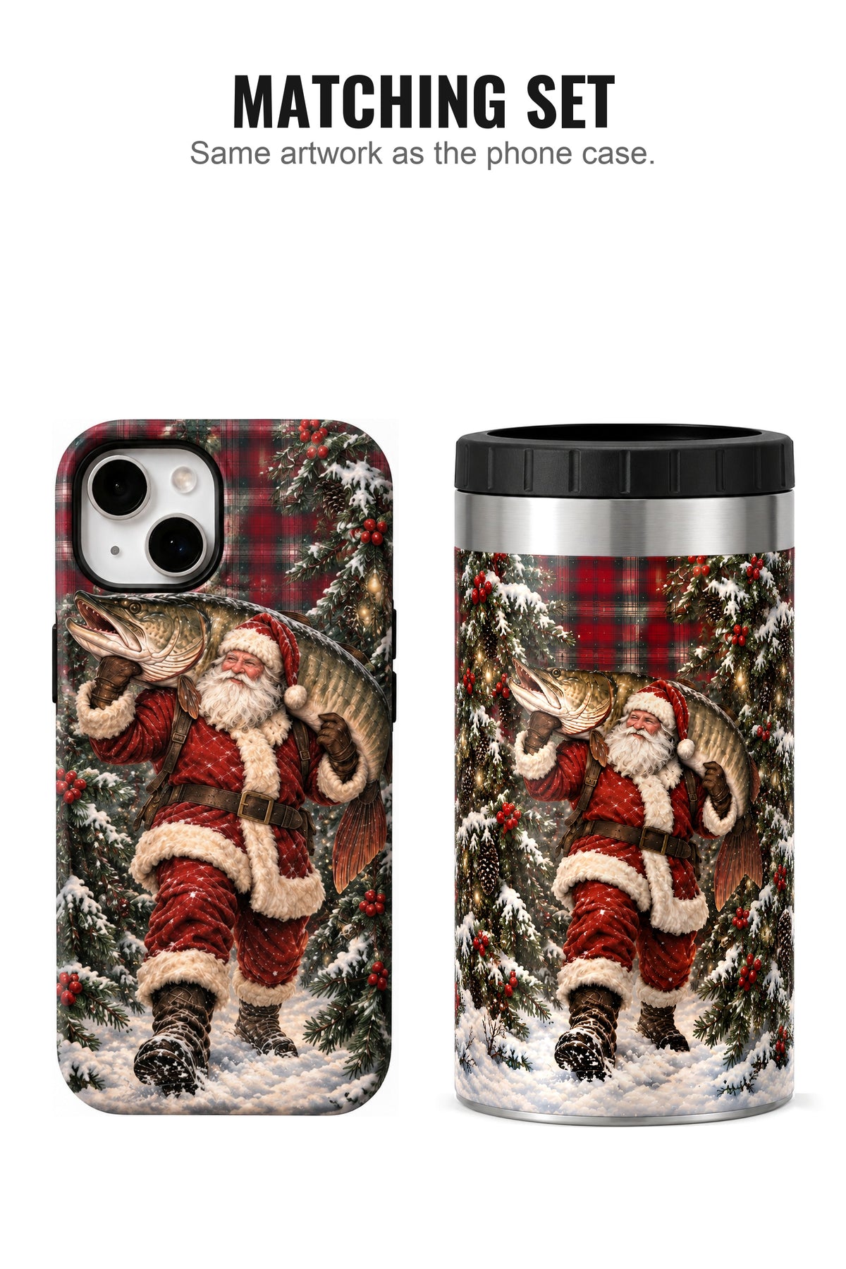 Christmas Santa Musky Plaid can cooler with matching phone case