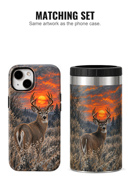 Sunset Timber Whitetail Deer can cooler with matching phone case