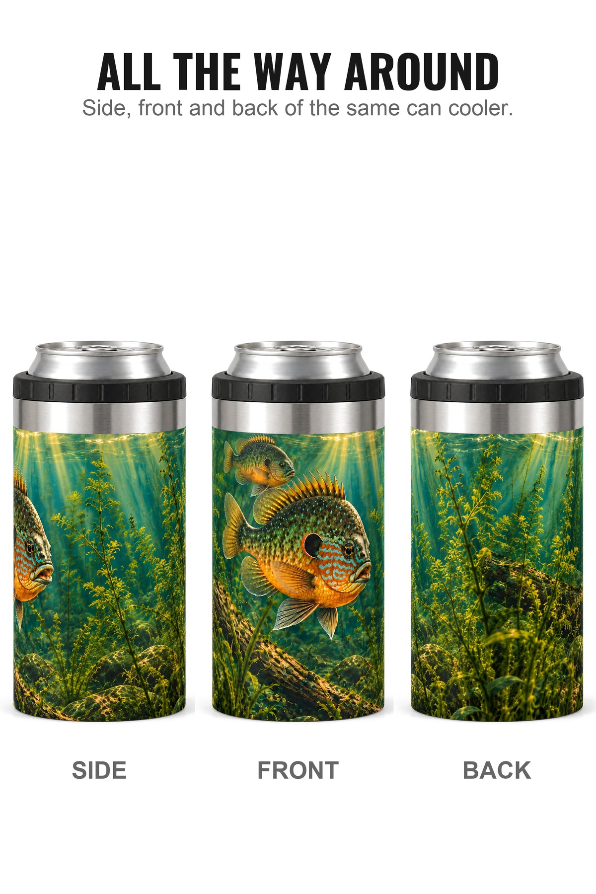 Sunlit Pumpkinseed can cooler - side, front and back