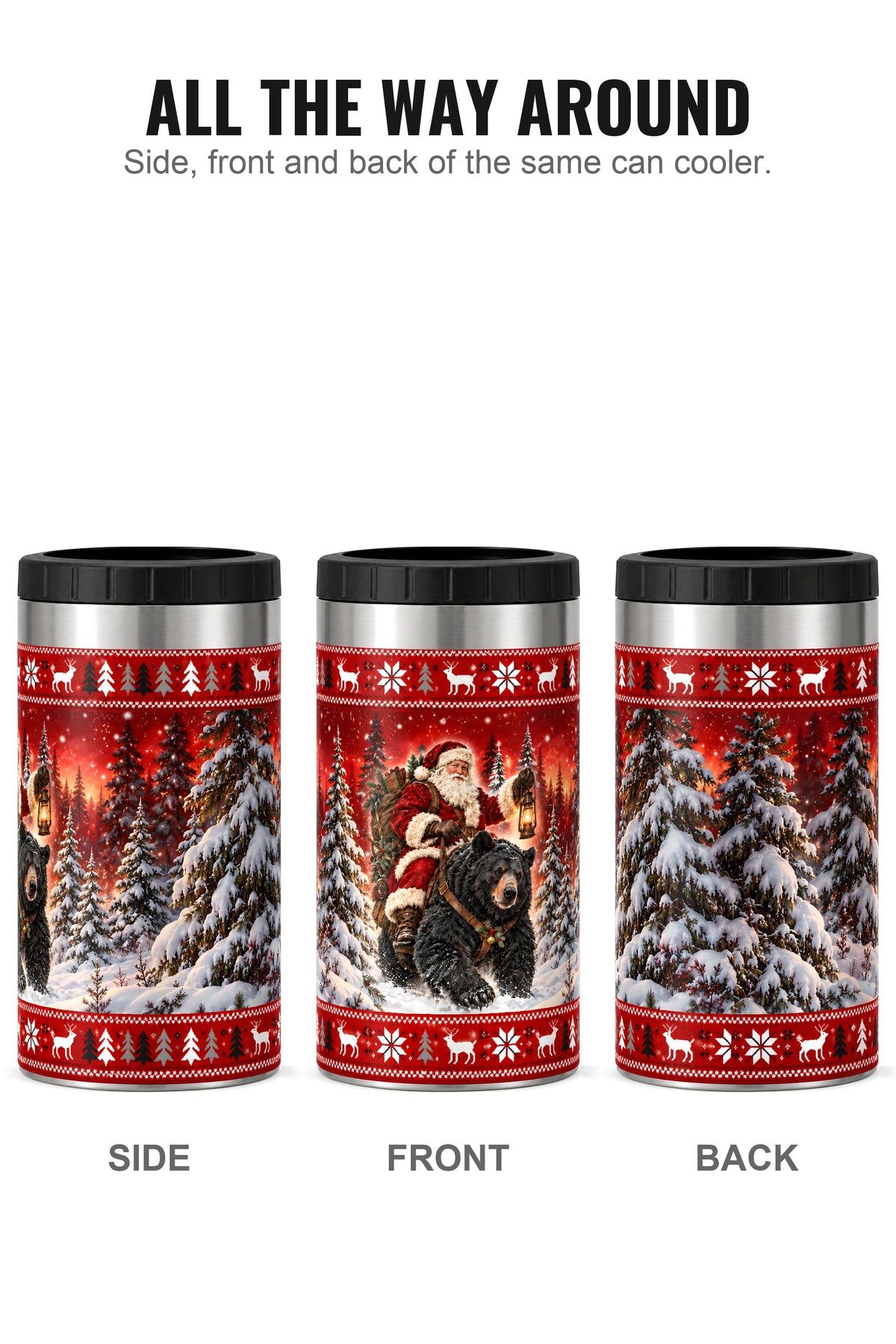 Festive Santa Black Bear Trek can cooler - side, front and back