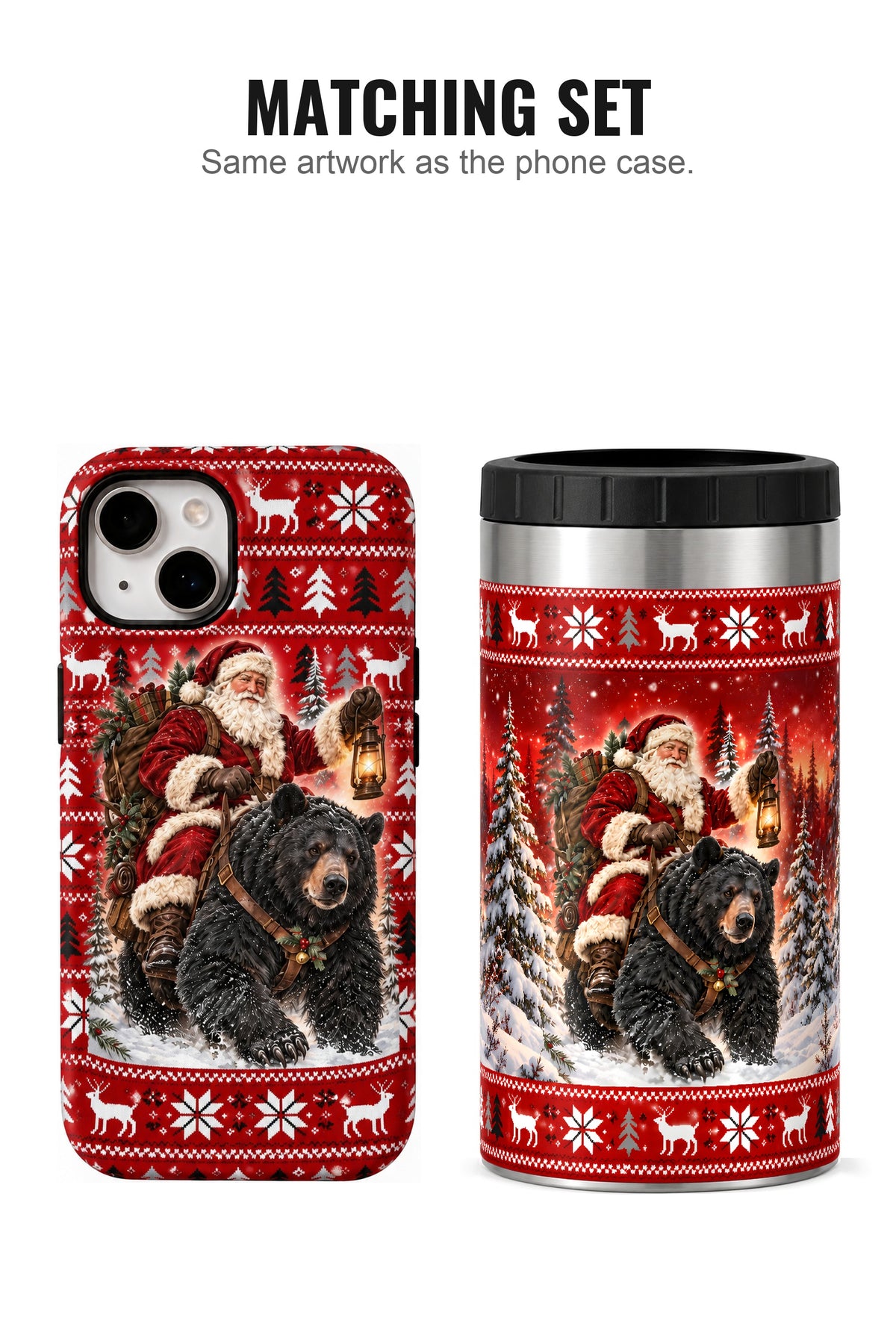 Festive Santa Black Bear Trek can cooler with matching phone case