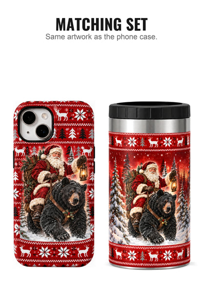 Festive Santa Black Bear Trek can cooler with matching phone case