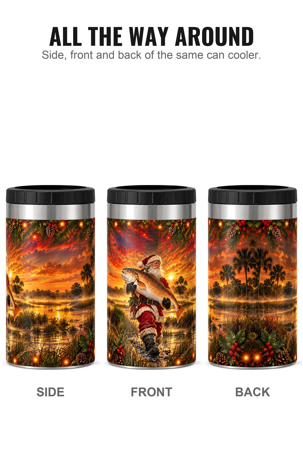 Santa Golden Red Drum Sunset can cooler - side, front and back