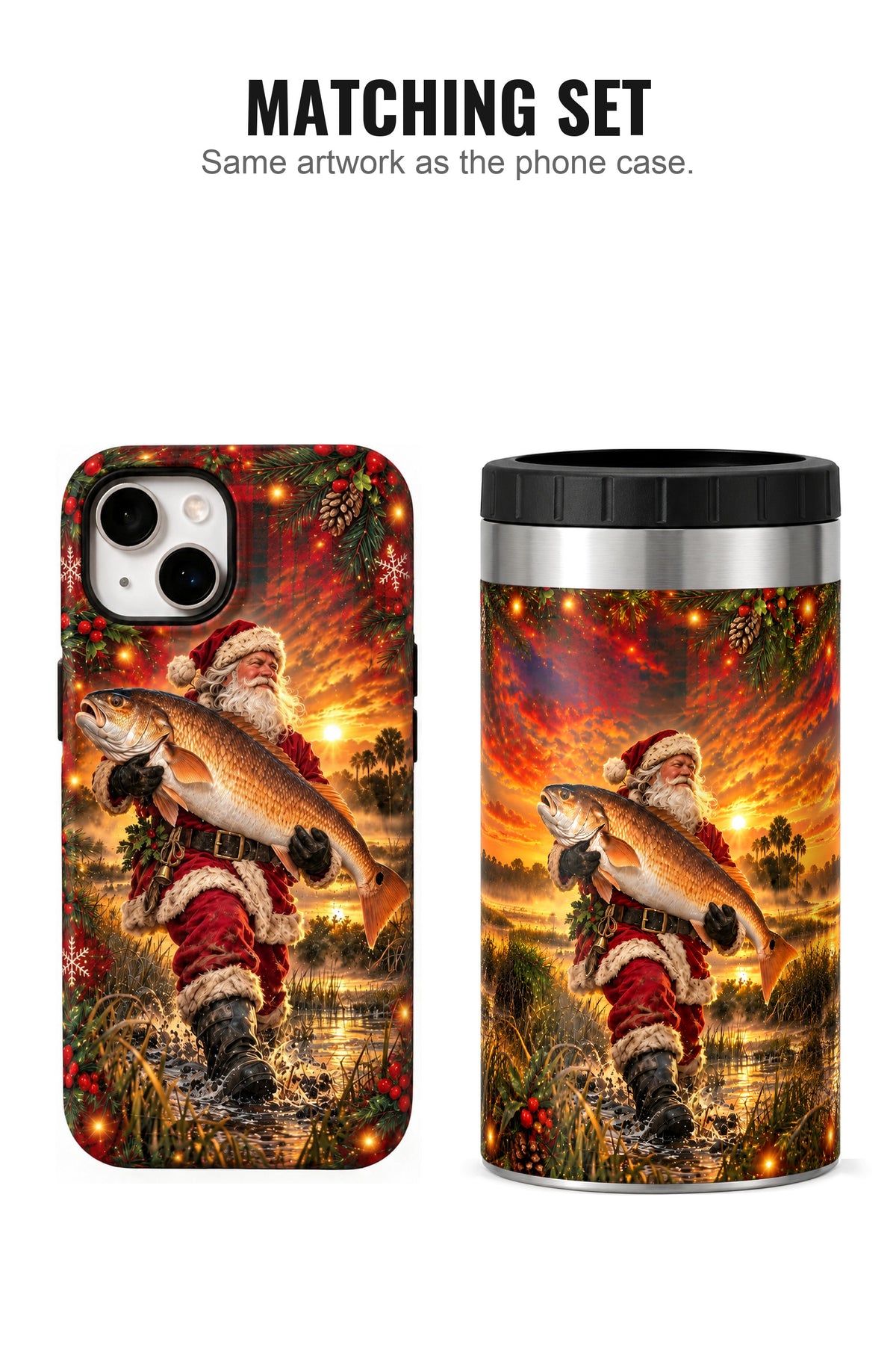 Santa Golden Red Drum Sunset can cooler with matching phone case