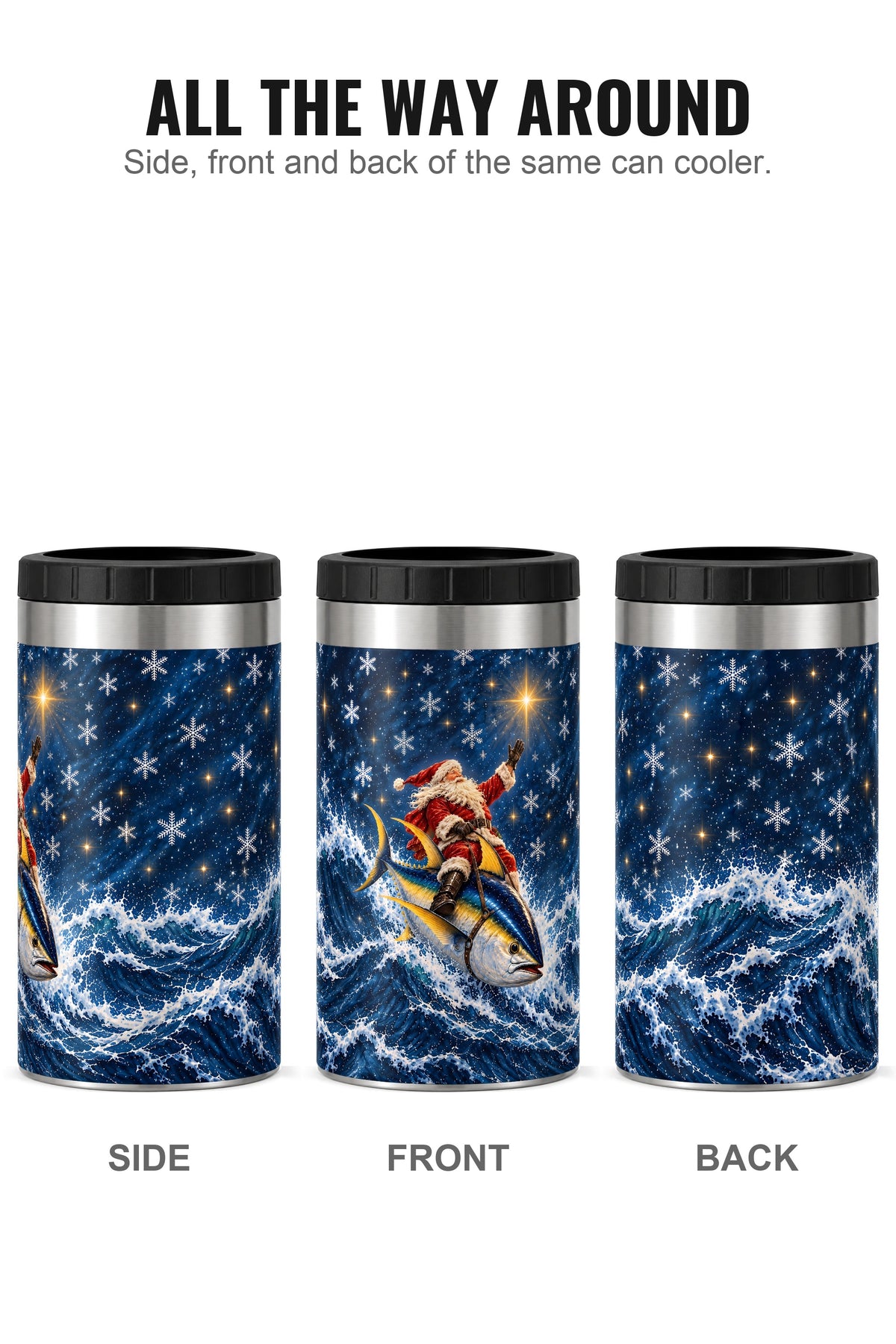 Santa Starlight Yellowfin Tuna Sleigh can cooler - side, front and back