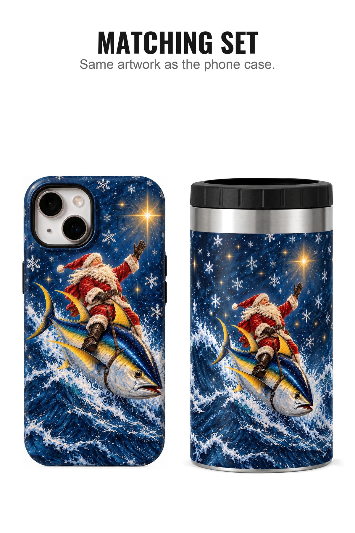 Santa Starlight Yellowfin Tuna Sleigh can cooler with matching phone case