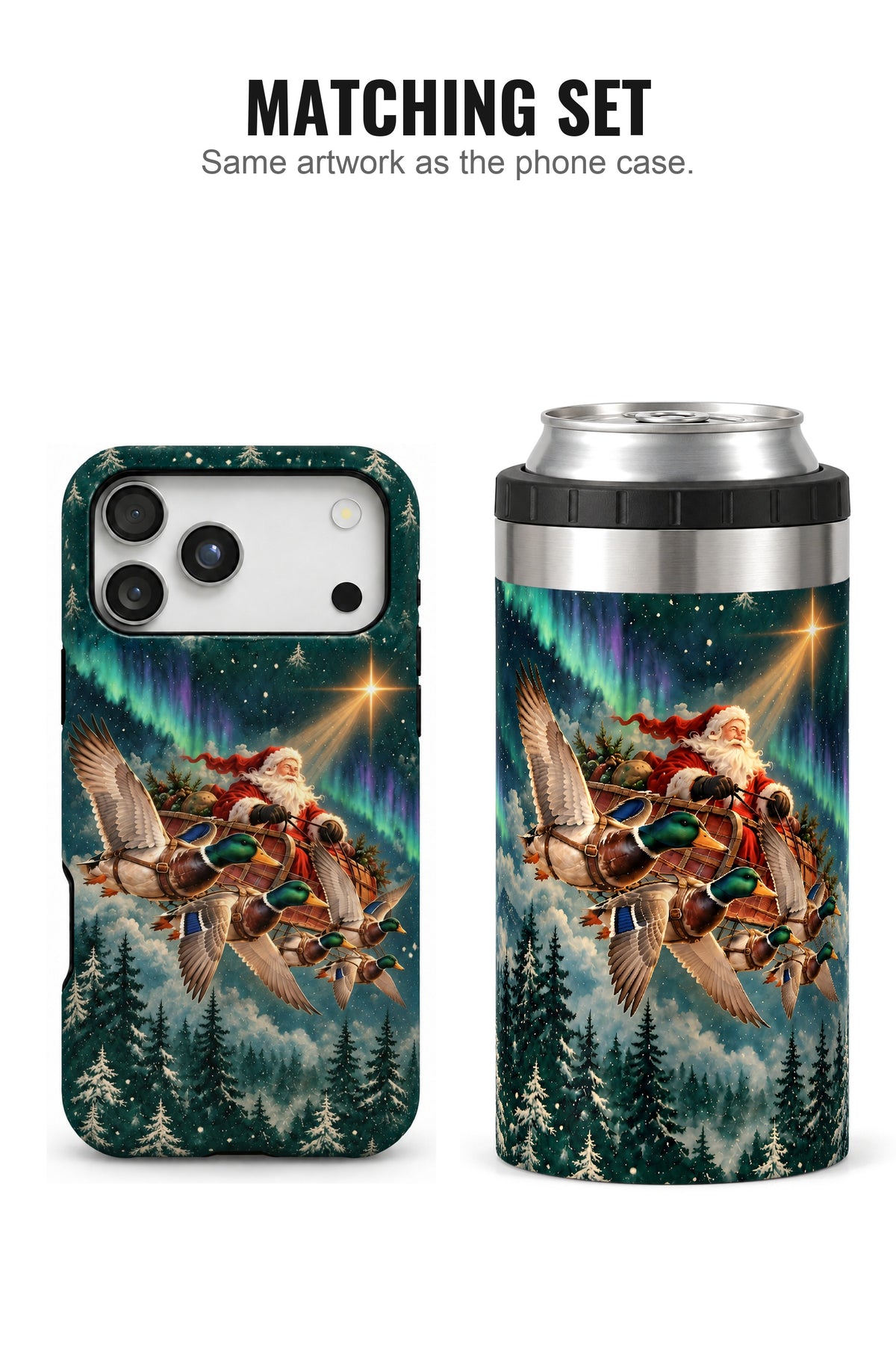 Santa Mallard Flight Sleigh can cooler with matching phone case