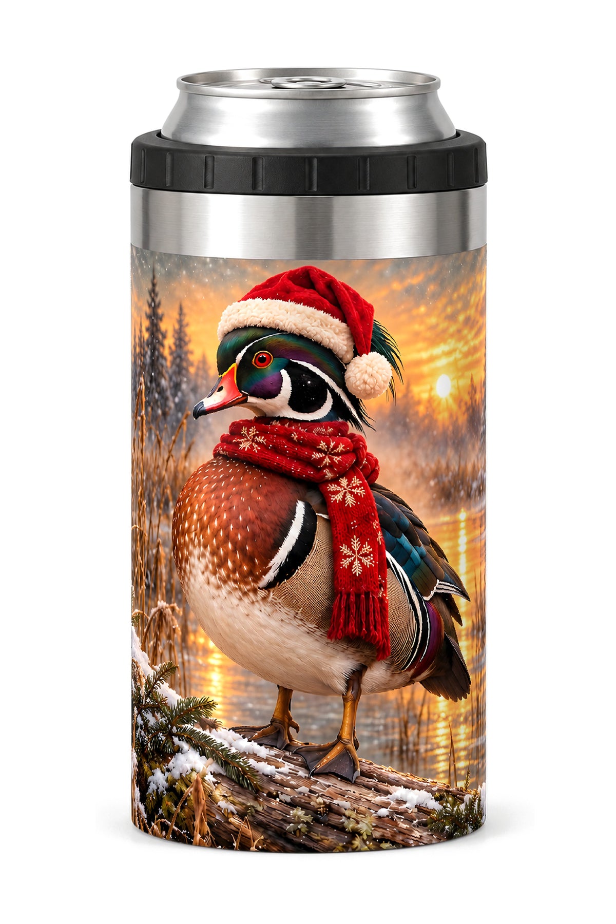Festive Wood Duck Timber Sunset can cooler - front