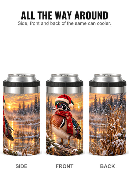 Festive Wood Duck Timber Sunset can cooler - side, front and back