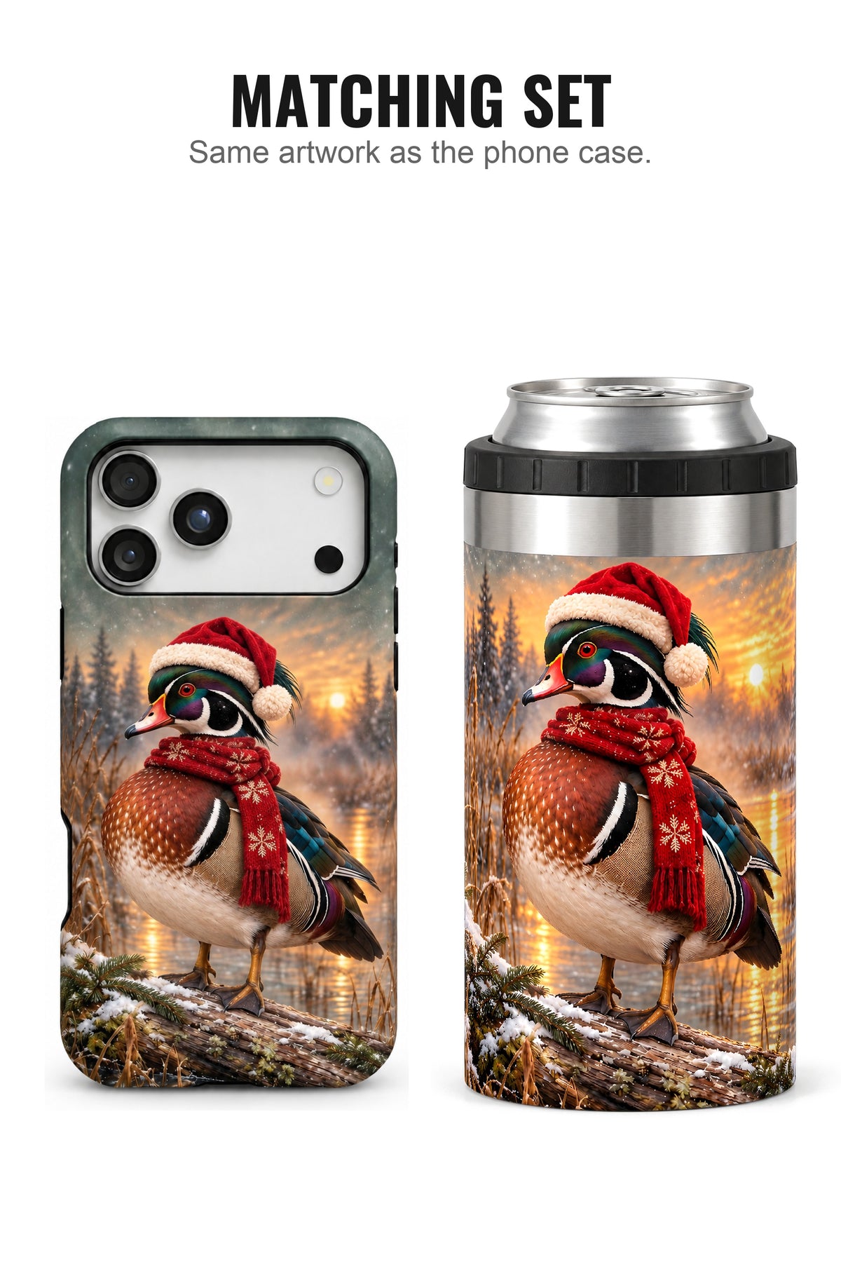 Festive Wood Duck Timber Sunset can cooler with matching phone case