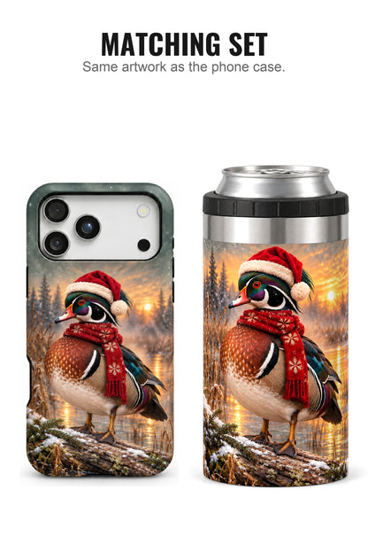 Festive Wood Duck Timber Sunset can cooler with matching phone case