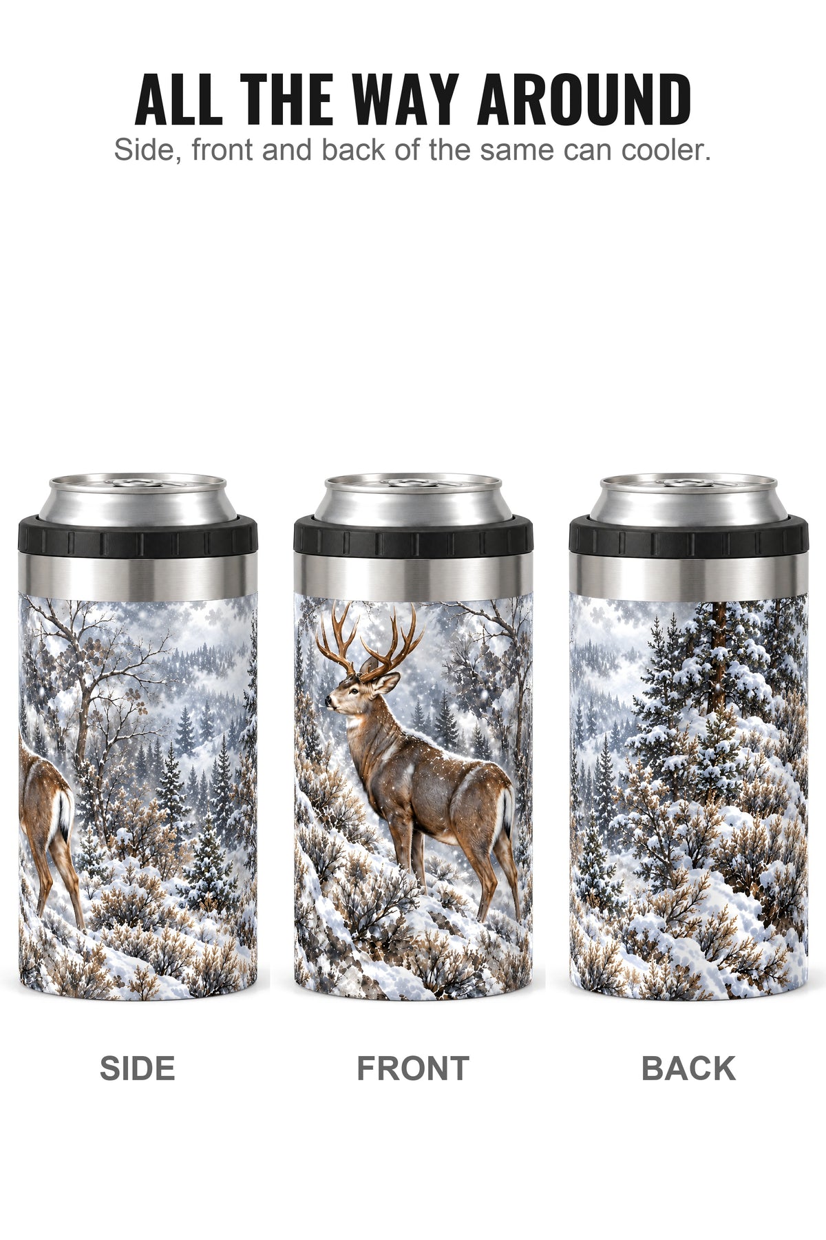 Mule Deer Winter Timber Sentinel can cooler - side, front and back