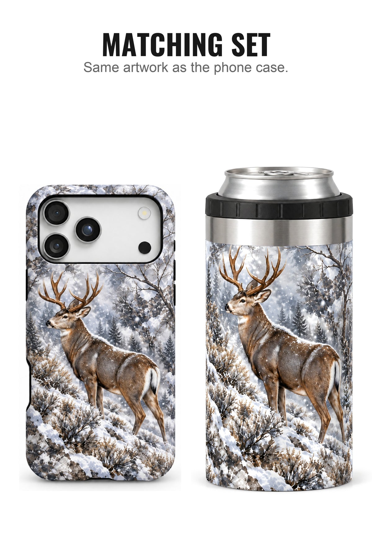 Mule Deer Winter Timber Sentinel can cooler with matching phone case