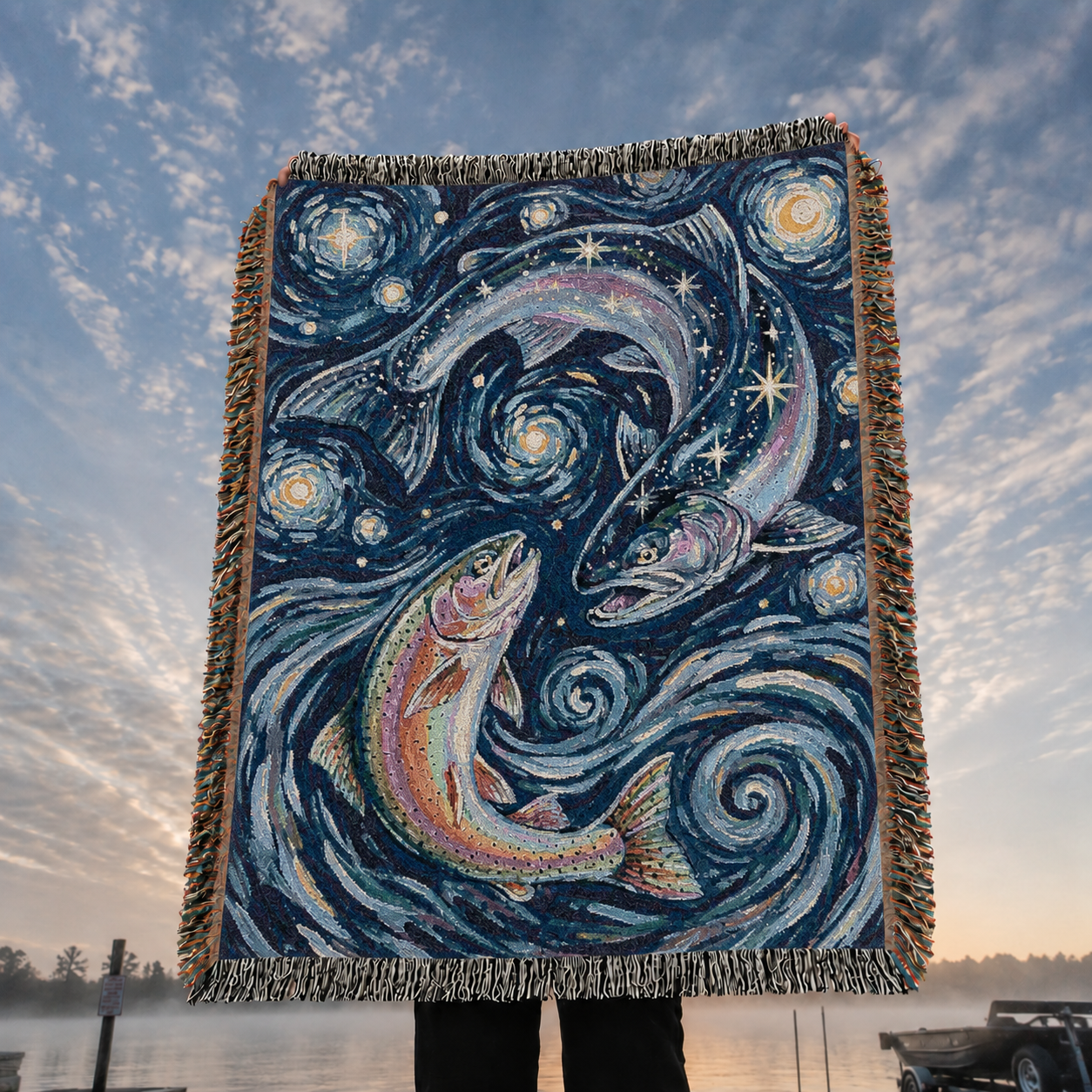 Celestial Trout Dance Woven Lodge Throw Blanket