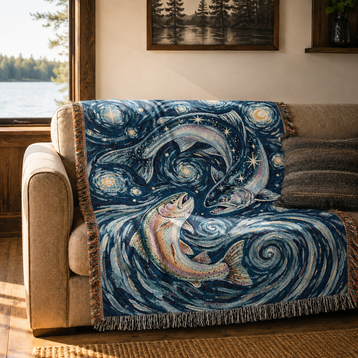 Celestial Trout Dance Woven Lodge Throw Blanket