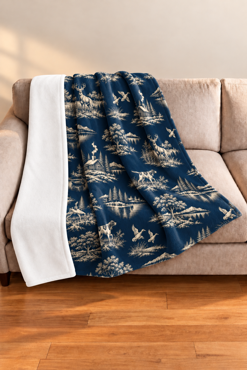 Navy Sporting Toile Whitetail Fleece Throw