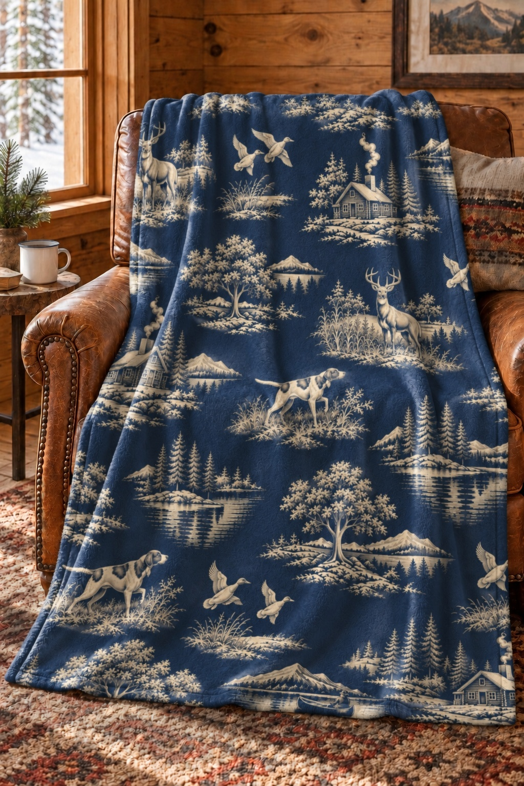 Navy Sporting Toile Whitetail Fleece Throw