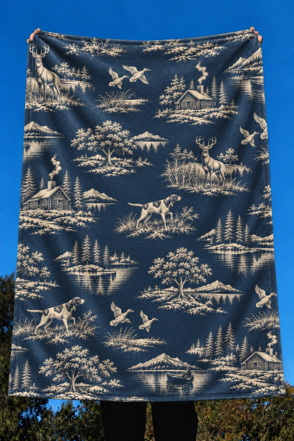 Navy Sporting Toile Whitetail Fleece Throw