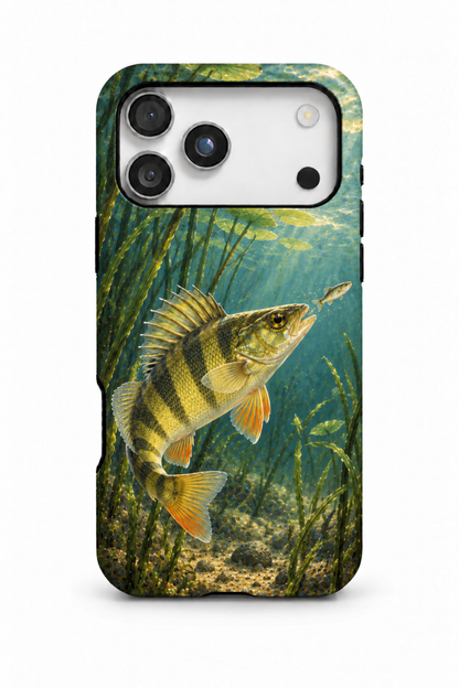 Yellow perch striking at a minnow among aquatic plants on a phone case