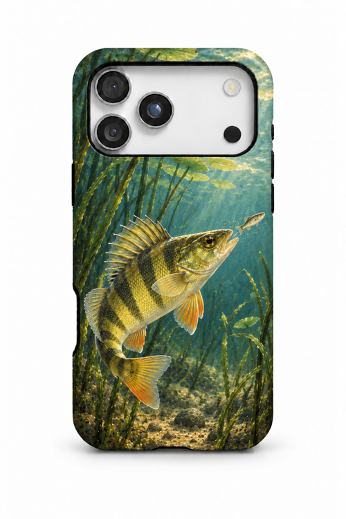 Yellow perch striking at a minnow among aquatic plants on a phone case