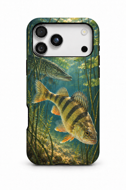 Yellow perch evading a northern pike in a freshwater weed bed on a phone case